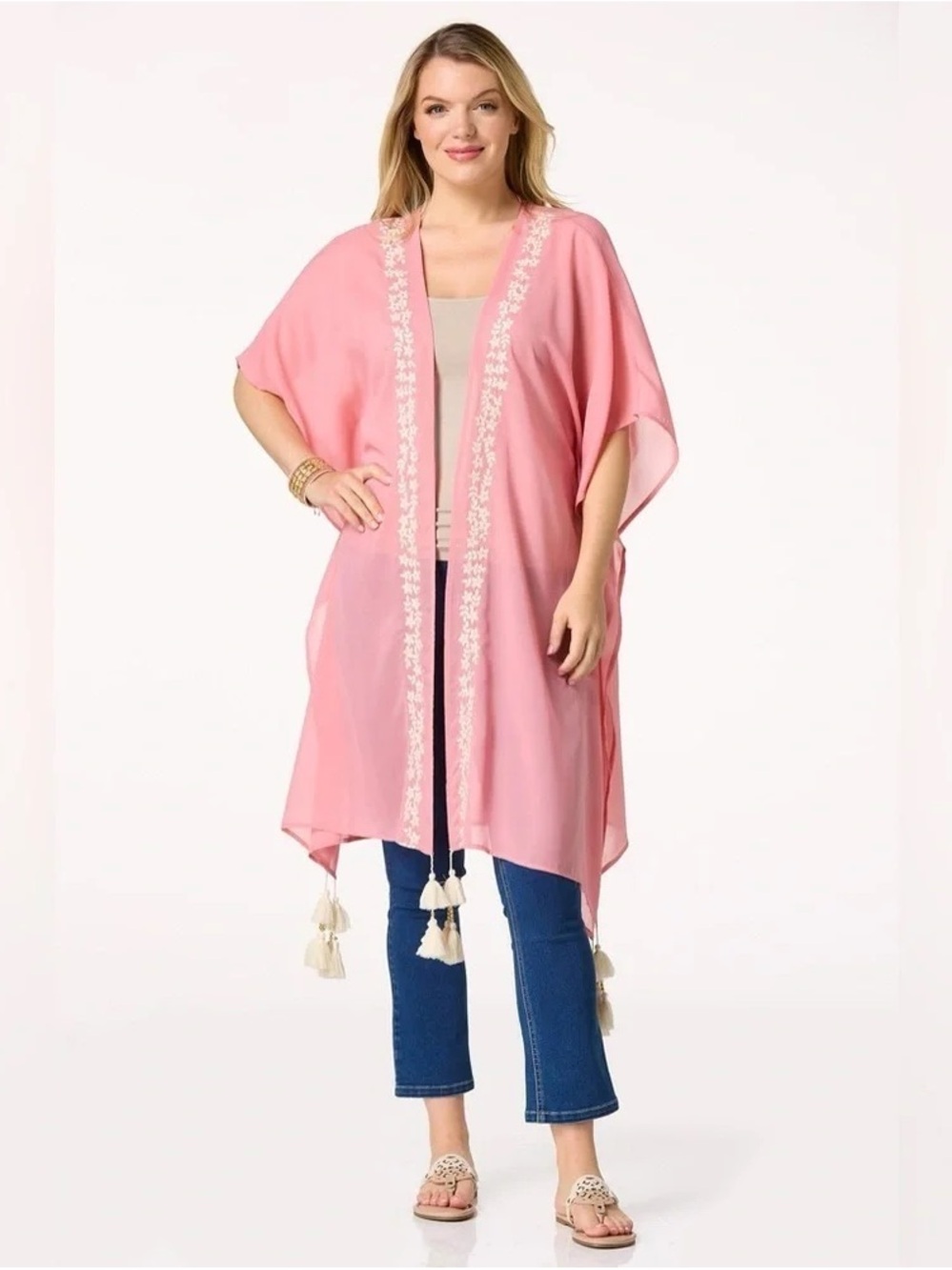 Cato | EMBROIDERED TRIM TASSELED KIMONO O/S